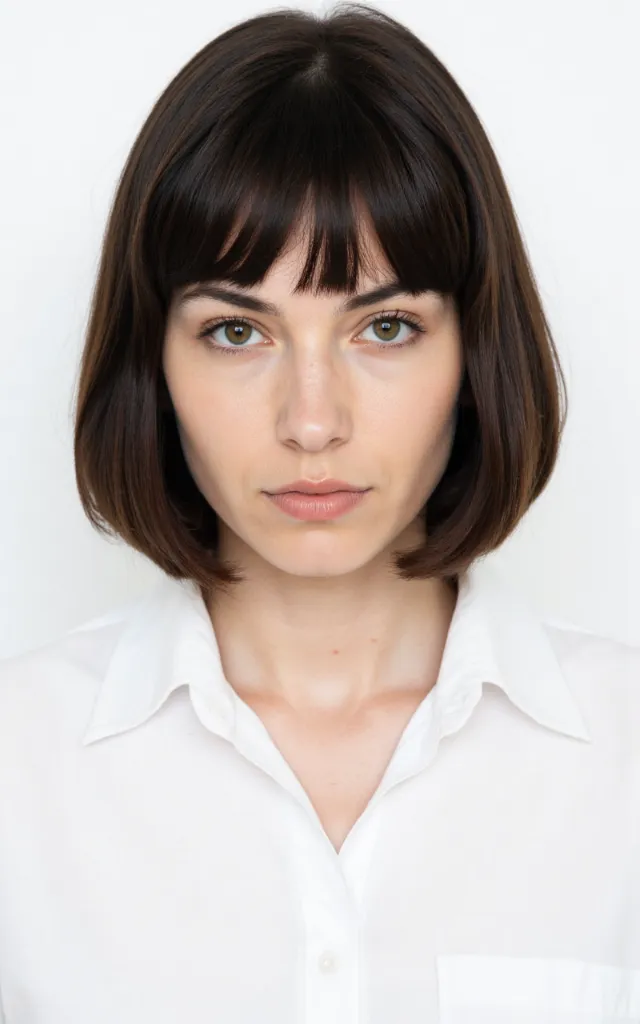 A French female model with a Long bob (lob), wearing a shirt, against a white background, in a front   facing bust portrait